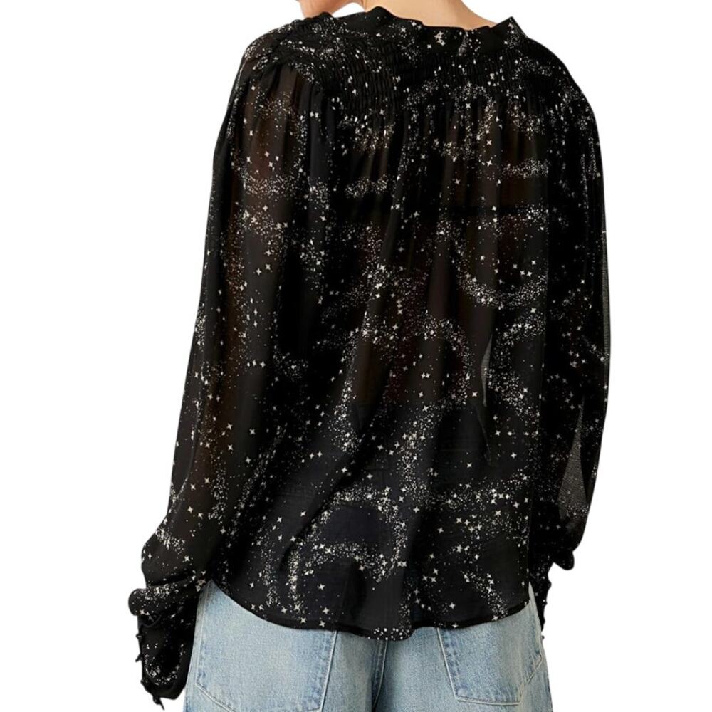 Free People Stars Align Black & White Sheer Button Up Long Sleeve Blouse Top - Picture 2 of 15